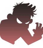 A dark red silhouette of a spiky-haired thug with glowing white eyes