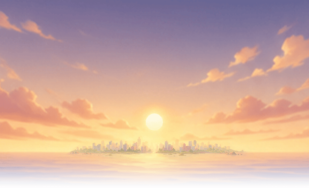 A city skyline on the horizon at sunset over open water