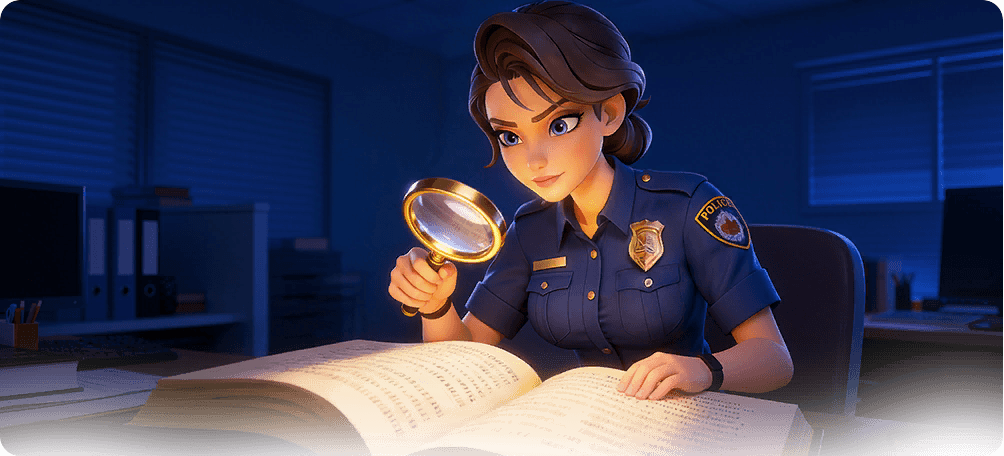 An officer at a night desk reading a codebook through a magnifying glass