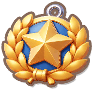A gold star medal on a blue disc inside a laurel wreath
