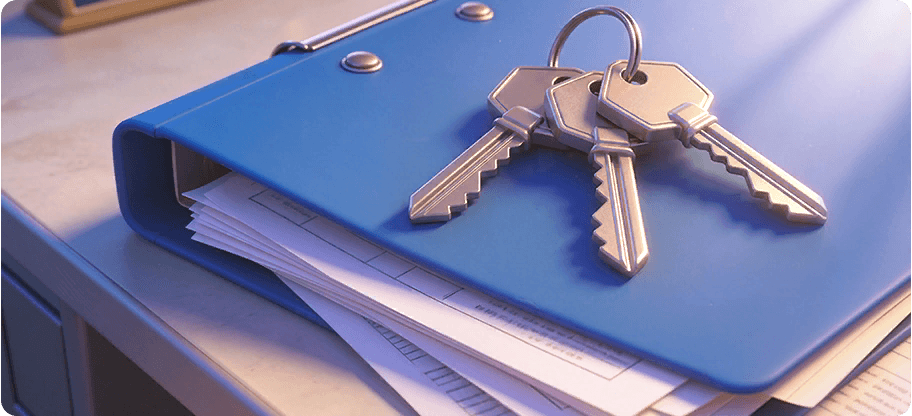 A ring of three keys resting on a blue case file binder