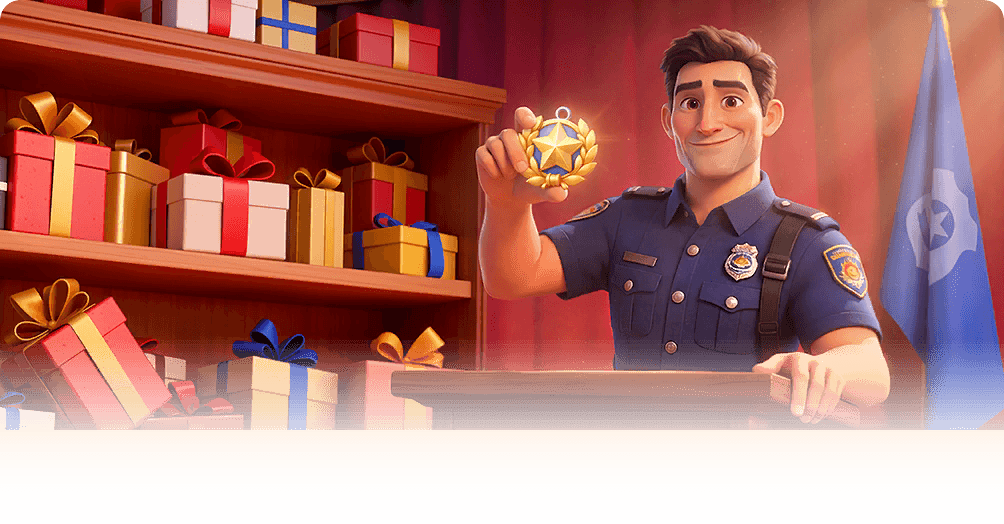 An officer holding up a commendation medal beside shelves of wrapped prizes