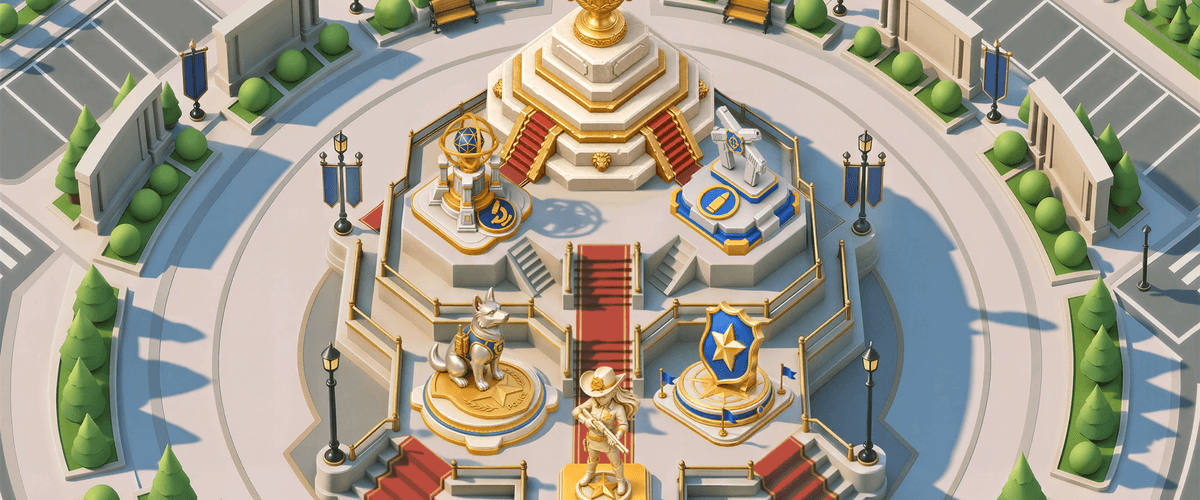 The PD Assessment plaza — the six theme monuments ringing the central trophy podium