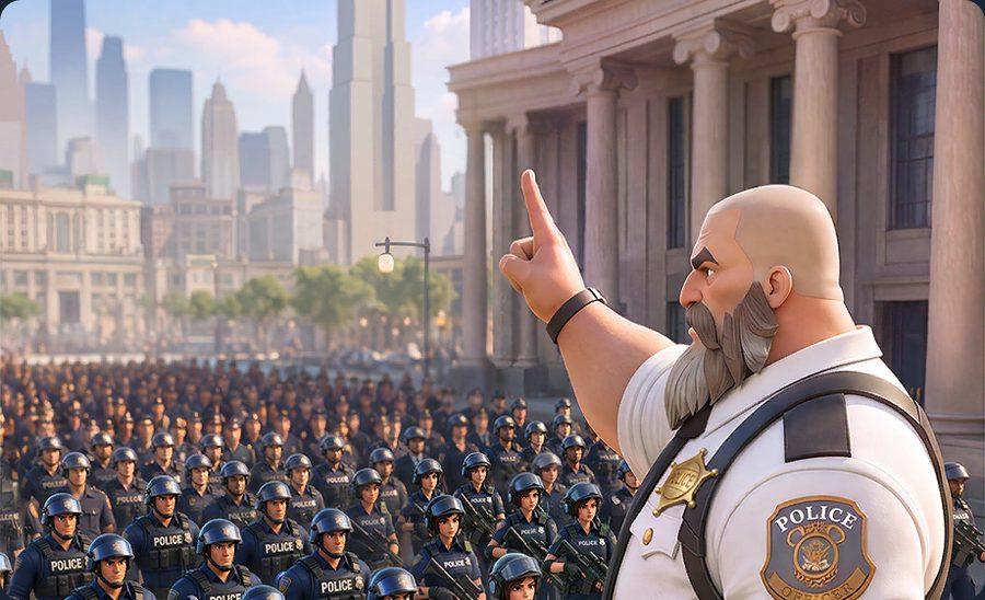 A Chief mustering ranks of officers outside a government building